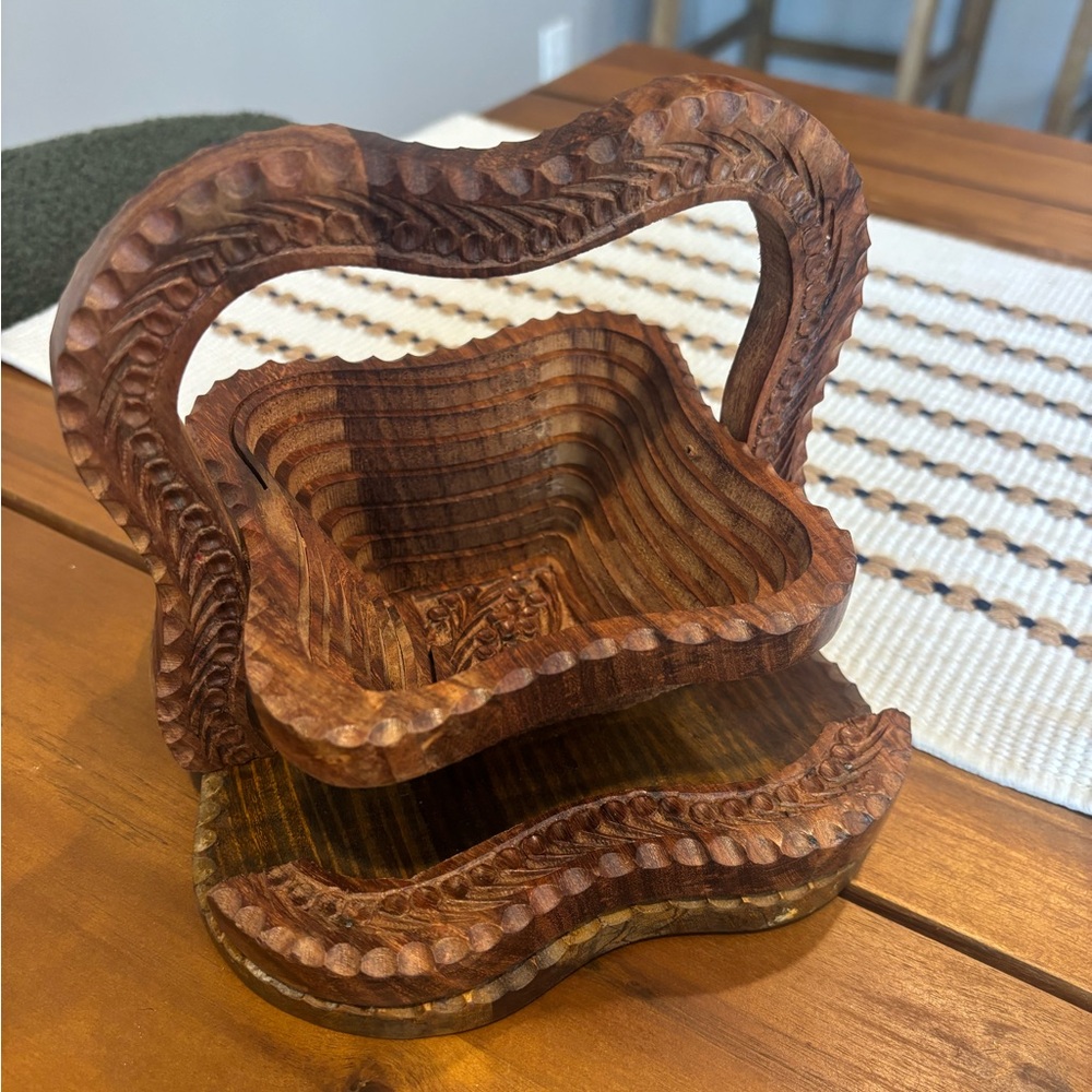 Vintage Hand carved collapsible wooden fruit basket